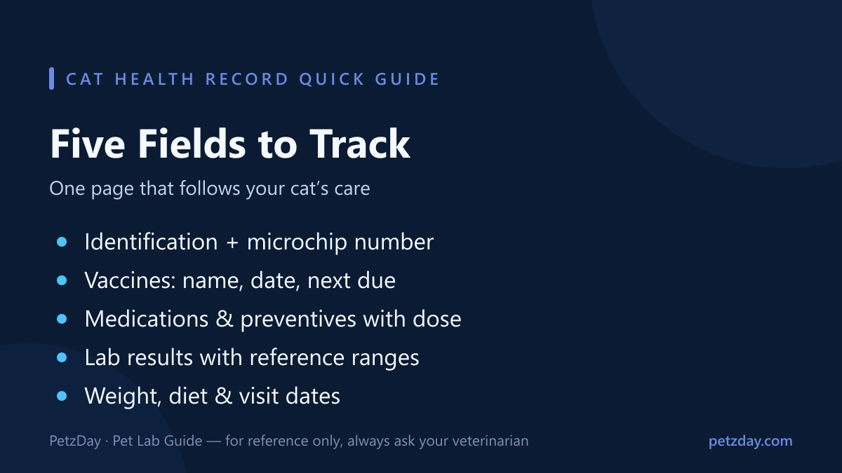 Cat health record quick reference — five fields to track