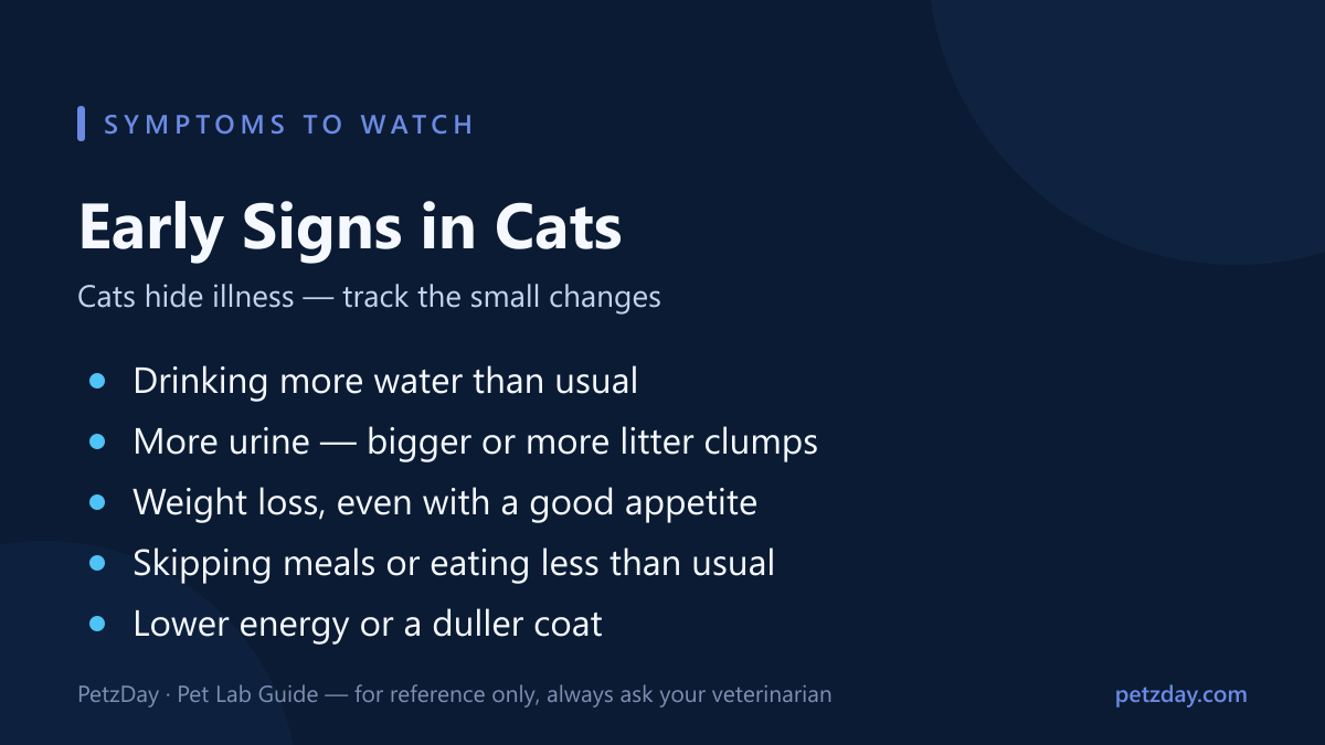 Quick-check list: early signs of kidney disease in cats — more water, more urine, weight loss, appetite changes, low energy