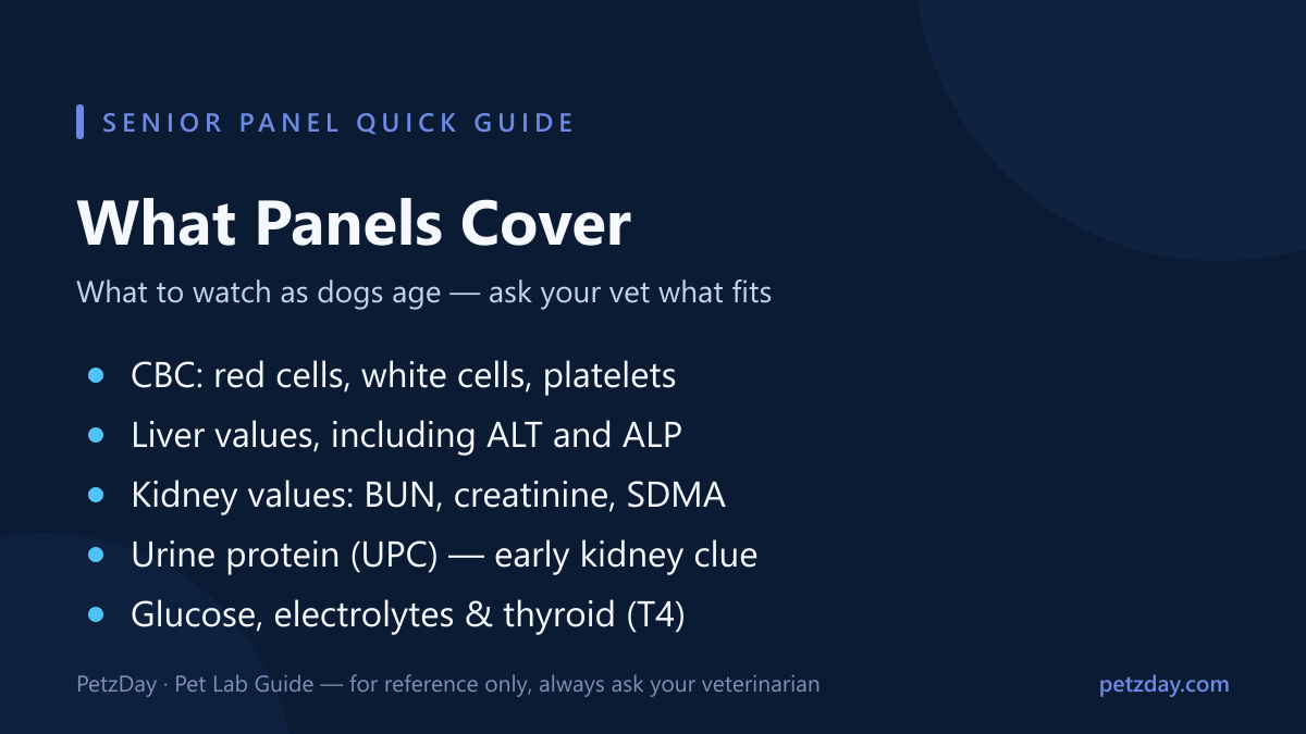 Senior panel quick guide — CBC, liver values, kidney values, urine protein, glucose and electrolytes