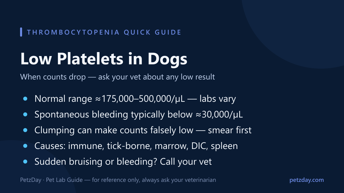 Low platelets in dogs quick guide — normal range, bleeding thresholds, clumping, causes and red flags
